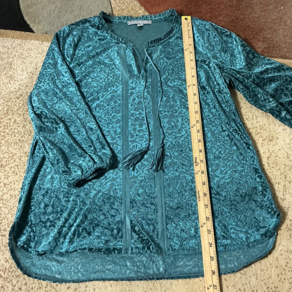 Valerie Stevens Burnout Velvet Damask Blouse Womens Medium Teal Tassel Boho Top - Picture 2 of 8